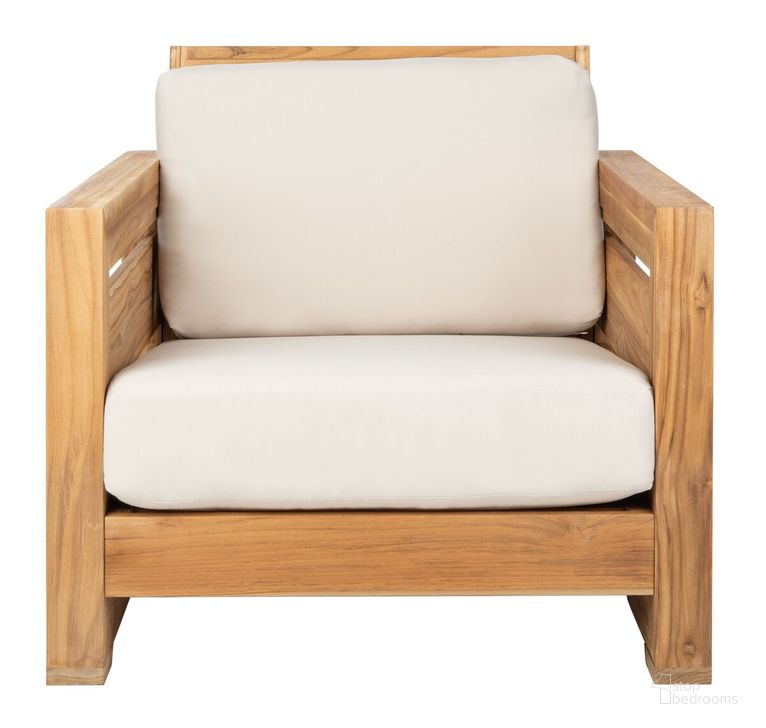 The appearance of Guadeloupe Teak Club Chair In Natural And White designed by Safavieh Couture in the modern / contemporary interior design. This natural and white piece of furniture  was selected by 1StopBedrooms from Guadeloupe Collection to add a touch of cosiness and style into your home. Sku: CPT1007A. Material: Wood. Product Type: Outdoor Chair. Image1