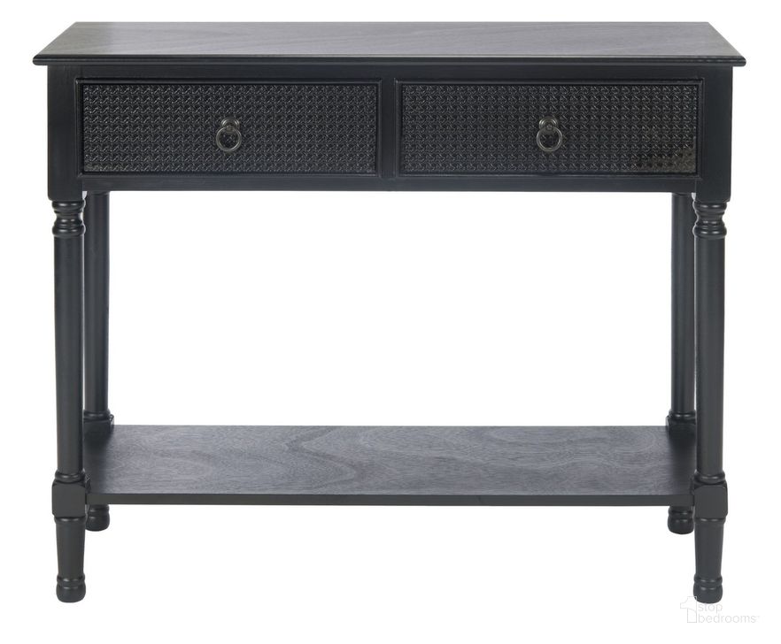 The appearance of Haines 2Drw Console Table in Black designed by Safavieh in the modern / contemporary interior design. This black piece of furniture  was selected by 1StopBedrooms from Haines Collection to add a touch of cosiness and style into your home. Sku: CNS5727A. Material: Wood. Product Type: Console Table. Image1