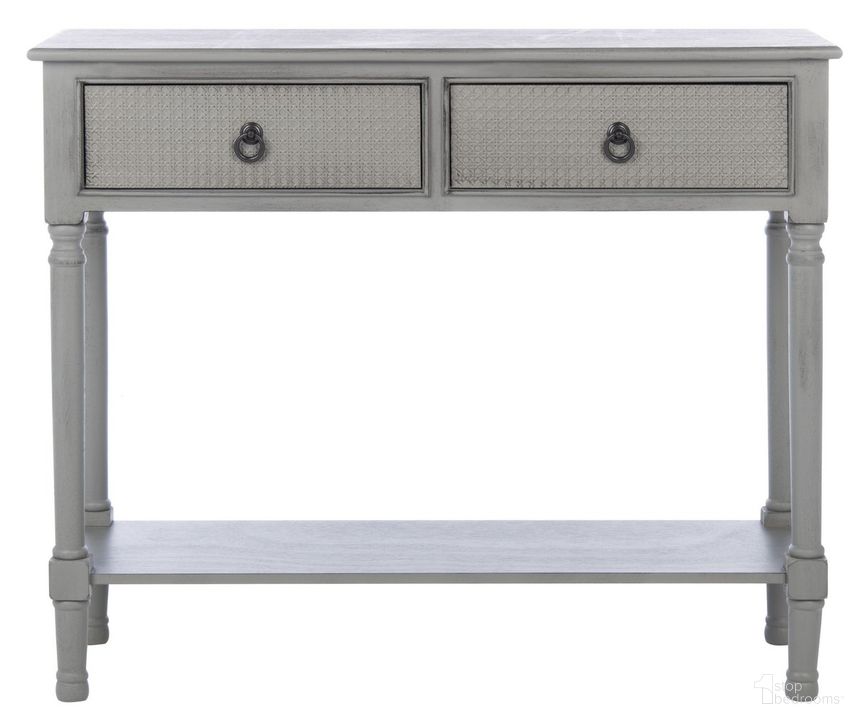 The appearance of Haines 2Drw Console Table in Distressed Grey designed by Safavieh in the modern / contemporary interior design. This distressed grey piece of furniture  was selected by 1StopBedrooms from Haines Collection to add a touch of cosiness and style into your home. Sku: CNS5727B. Material: Wood. Product Type: Console Table. Image1