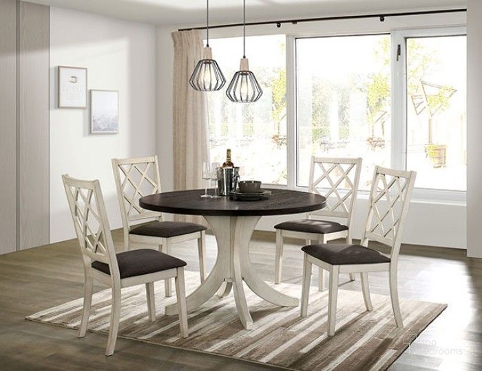 The appearance of Haleigh Antique White And Dark Walnut Round Dining Room Set designed by Furniture of America in the transitional interior design. This white and brown piece of furniture  was selected by 1StopBedrooms from Haleigh Collection to add a touch of cosiness and style into your home. Sku: CM3491RT-1;CM3491RT-2;CM3491SC-2PK. Material: Wood. Product Type: Dining Room Set. Image1