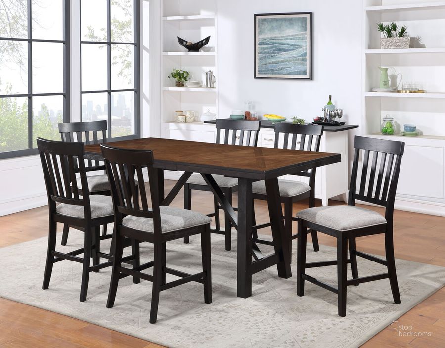 The appearance of Halle 7-Piece Dining Set In Brown designed by Steve Silver in the country / farmhouse interior design. This brown piece of furniture  was selected by 1StopBedrooms from Halle Collection to add a touch of cosiness and style into your home. Sku: HE555PT;HE500CC;HE500CC;HE500CC. Product Type: Dining Room Set. Material: Rubberwood. Image1