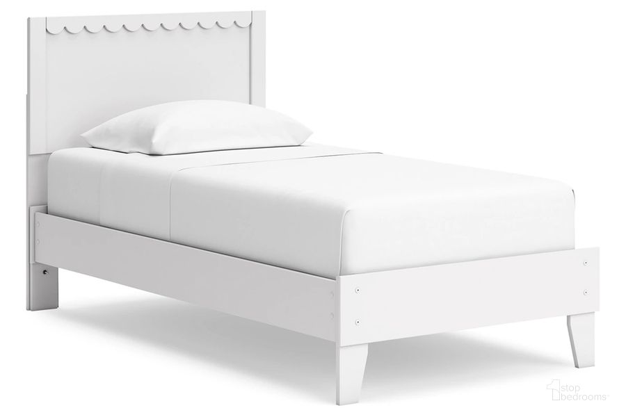The appearance of Hallityn Twin Panel Platform Bed In White designed by Signature Design by Ashley in the transitional interior design. This white piece of furniture  was selected by 1StopBedrooms from Hallityn Collection to add a touch of cosiness and style into your home. Sku: EB1810-111;EB1810-155. Bed Type: Platform Bed. Product Type: Platform Bed. Bed Size: Twin. Image1