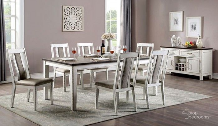 The appearance of Halsey Weathered White And Dark Walnut Extendable Dining Room Set designed by Furniture of America in the transitional interior design. This gray and white piece of furniture  was selected by 1StopBedrooms from Halsey Collection to add a touch of cosiness and style into your home. Sku: CM3142T;CM3142SC-2PK. Material: Wood. Product Type: Dining Room Set. Size: 42". Image1