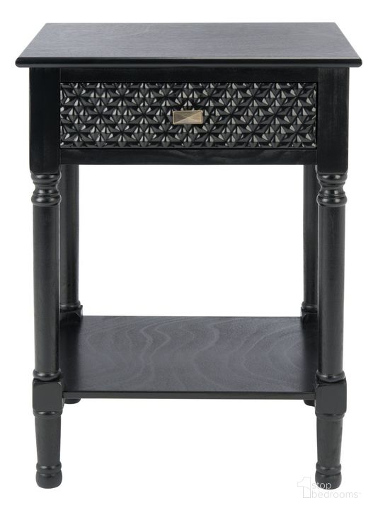 The appearance of Halton 1 Drawer Accent Table in Black designed by Safavieh in the modern / contemporary interior design. This black piece of furniture  was selected by 1StopBedrooms from Halton Collection to add a touch of cosiness and style into your home. Sku: ACC5712B. Material: Wood. Product Type: Accent Table. Image1