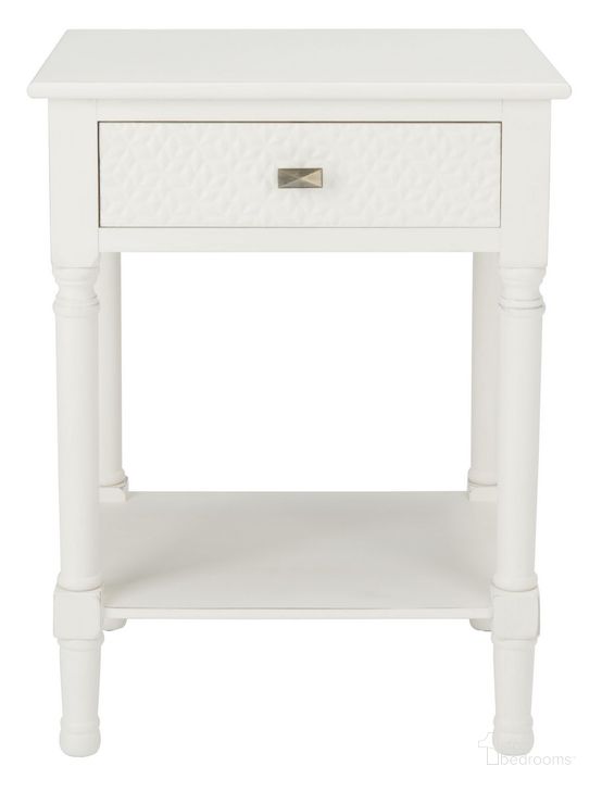 The appearance of Halton 1 Drawer Accent Table in Distressed White designed by Safavieh in the modern / contemporary interior design. This distressed white piece of furniture  was selected by 1StopBedrooms from Halton Collection to add a touch of cosiness and style into your home. Sku: ACC5712A. Material: Wood. Product Type: Accent Table. Image1