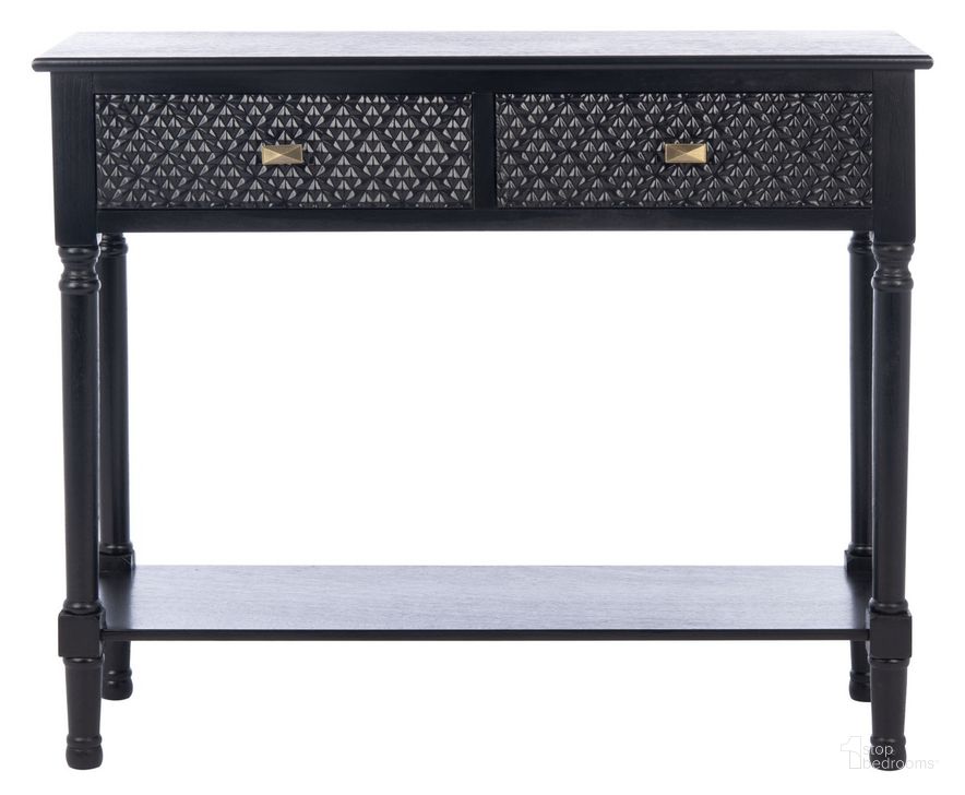 The appearance of Halton 2Drw Console Table in Black designed by Safavieh in the modern / contemporary interior design. This black piece of furniture  was selected by 1StopBedrooms from Halton Collection to add a touch of cosiness and style into your home. Sku: CNS5718B. Material: Wood. Product Type: Console Table. Image1