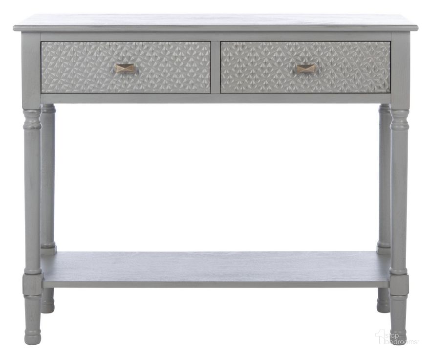 The appearance of Halton 2Drw Console Table in Distressed Grey designed by Safavieh in the modern / contemporary interior design. This distressed grey piece of furniture  was selected by 1StopBedrooms from Halton Collection to add a touch of cosiness and style into your home. Sku: CNS5718D. Material: Wood. Product Type: Console Table. Image1