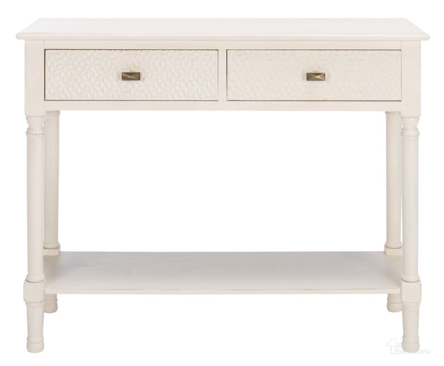 The appearance of Halton 2Drw Console Table in Distressed White designed by Safavieh in the modern / contemporary interior design. This distressed white piece of furniture  was selected by 1StopBedrooms from Halton Collection to add a touch of cosiness and style into your home. Sku: CNS5718A. Material: Wood. Product Type: Console Table. Image1