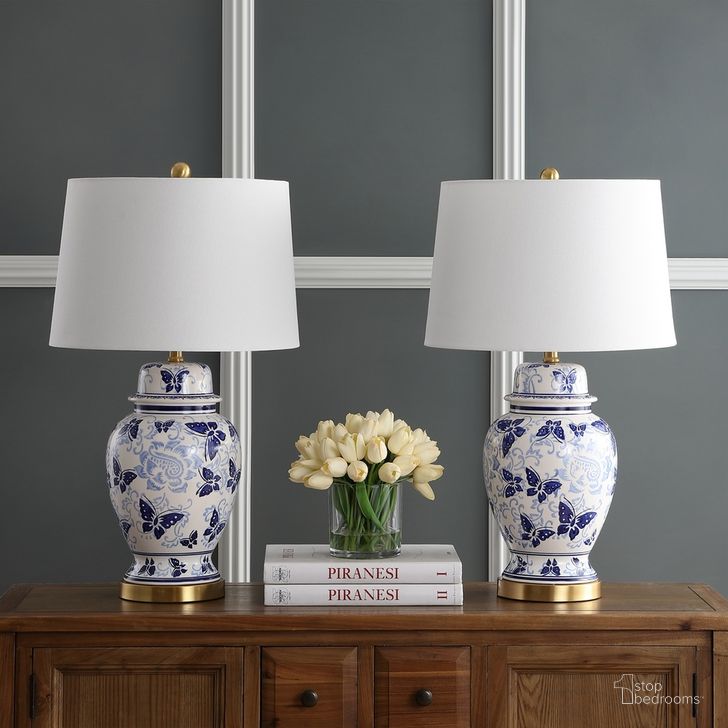 The appearance of Hana Blue and White Tbale Lamp Set of 2 designed by Safavieh in the traditional interior design. This blue and white piece of furniture  was selected by 1StopBedrooms from Safavieh TBL Collection to add a touch of cosiness and style into your home. Sku: TBL4160A-SET2. Product Type: Table Lamp. Material: Brass. Image1