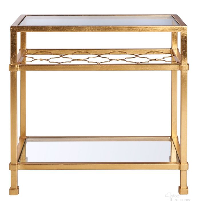 The appearance of Hanzel Side Table In Gold And Glass designed by Safavieh Couture in the transitional interior design. This gold piece of furniture  was selected by 1StopBedrooms from Hanzel Collection to add a touch of cosiness and style into your home. Sku: AMH8312A. Material: Metal. Product Type: Side Table. Image1