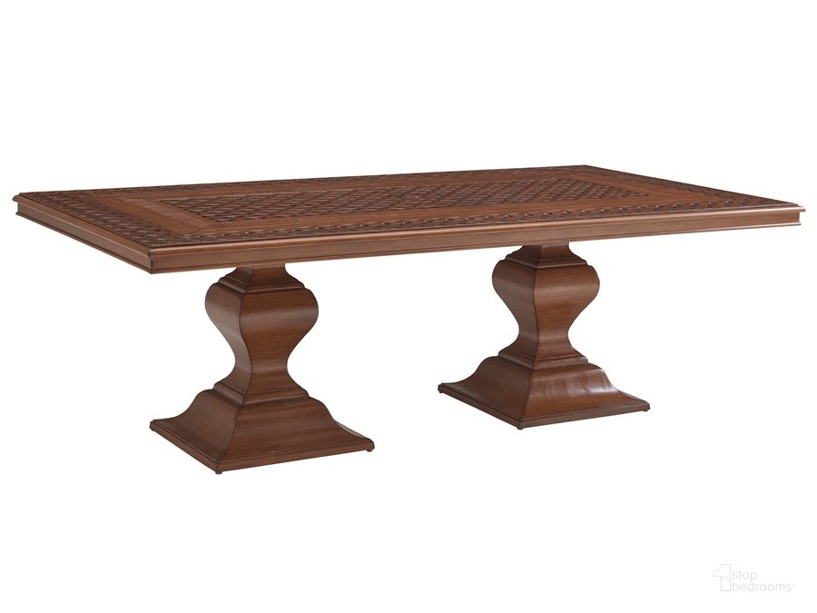The appearance of Harbor Isle Rectangular Dining Table designed by Tommy Bahama in the transitional interior design. This walnut piece of furniture  was selected by 1StopBedrooms from Harbor Collection to add a touch of cosiness and style into your home. Sku: 01-3935-877C. Table Base Style: Double Pedestal. Product Type: Dining Table. Table Top Shape: Rectangular. Size: 87". Image1