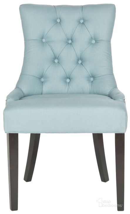 The appearance of Harlow Light Blue and Espresso Tufted Ring Chair Set of 2 designed by Safavieh in the glam interior design. This light blue piece of furniture  was selected by 1StopBedrooms from Harlow Collection to add a touch of cosiness and style into your home. Sku: MCR4716E-SET2. Product Type: Dining Chair. Material: Stainless Steel. Image1