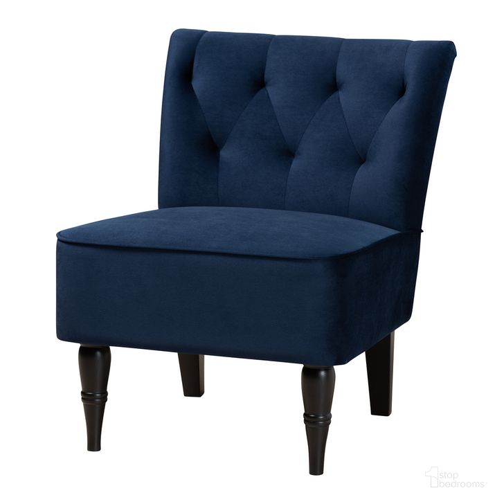 The appearance of Harmon Velvet Fabric Upholstered and Wood Accent Chair In Navy Blue and Black designed by Baxton Studio in the modern / contemporary interior design. This blue and black piece of furniture  was selected by 1StopBedrooms from Harmon Collection to add a touch of cosiness and style into your home. Sku: RAC515FB-Navy Blue Velvet/Black-CC. Product Type: Accent Chair. Material: MDF. Image1