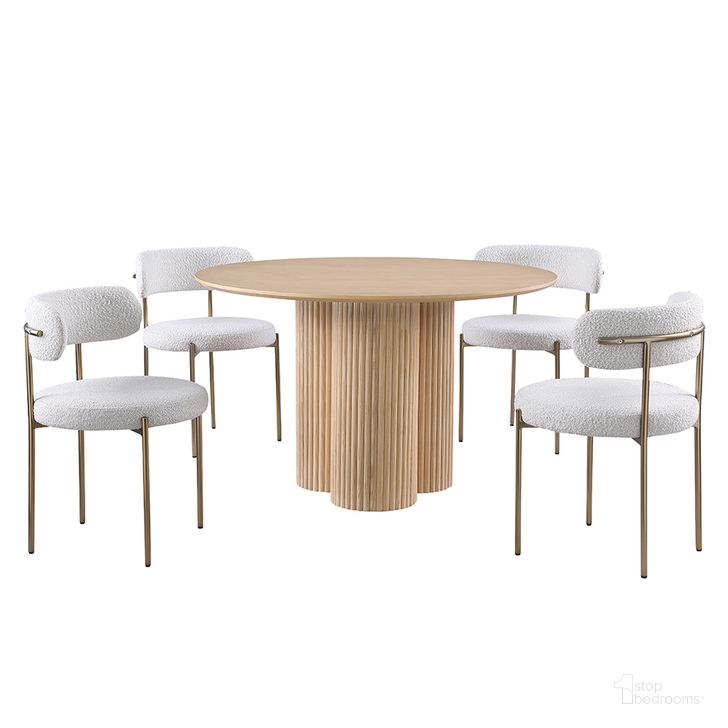 The appearance of Harmonique Boucle 5-Piece Round Dining Set In Cream designed by Best Master Furniture in the transitional interior design. This cream piece of furniture  was selected by 1StopBedrooms from Harmonique Collection to add a touch of cosiness and style into your home. Sku: D028CG5. Material: Wood. Product Type: Dining Room Set. Image1