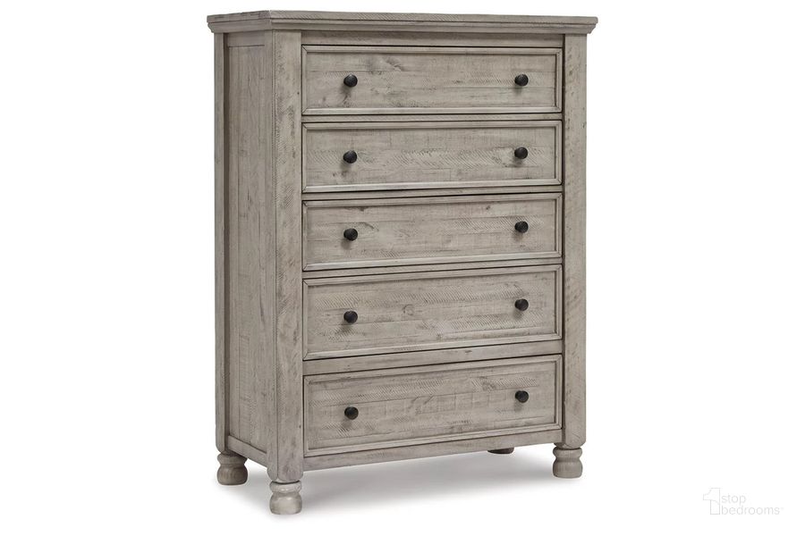 The appearance of Harrastone Chest of Drawers In Gray designed by Signature Design by Ashley in the transitional interior design. This gray piece of furniture  was selected by 1StopBedrooms from Harrastone Collection to add a touch of cosiness and style into your home. Sku: B816-46. Material: Wood. Product Type: Chest. Image1