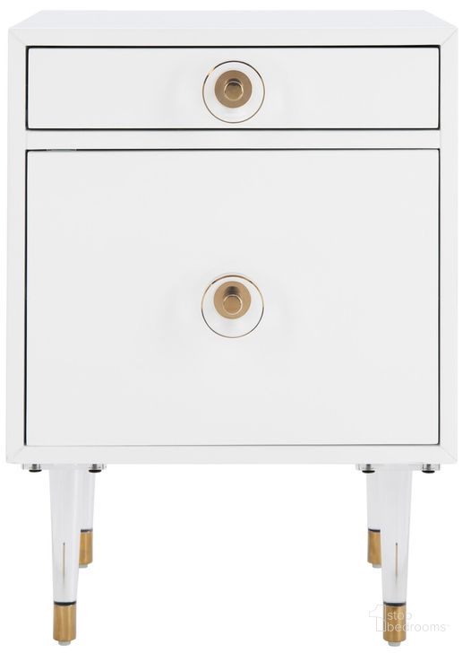 The appearance of Harry 2 Drawer Side Table In White designed by Safavieh Couture in the modern / contemporary interior design. This white piece of furniture  was selected by 1StopBedrooms from Harry Collection to add a touch of cosiness and style into your home. Sku: SFV3568B. Material: Wood. Product Type: Side Table. Image1
