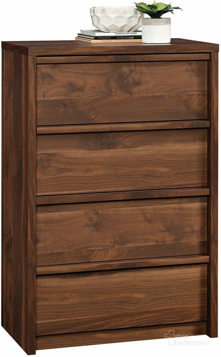 The appearance of Harvey Park 4-Drawer Chest In Grand Walnut designed by Sauder in the modern / contemporary interior design. This grand walnut piece of furniture  was selected by 1StopBedrooms from Harvey Park Collection to add a touch of cosiness and style into your home. Sku: 420824. Product Type: Chest. Material: Engineered Wood. Image1