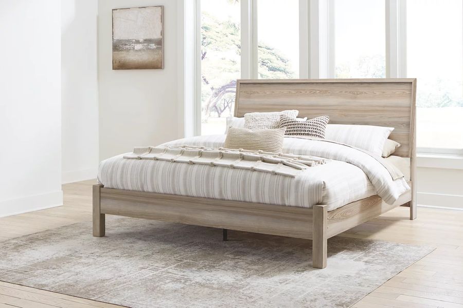 The appearance of Hasbrick King Panel Bed In Tan designed by Signature Design by Ashley in the transitional interior design. This tan piece of furniture  was selected by 1StopBedrooms from Hasbrick Collection to add a touch of cosiness and style into your home. Sku: B100-14;B2075-156;B2075-58. Bed Type: Panel Bed. Material: Wood. Product Type: Panel Bed. Bed Size: King. Image1