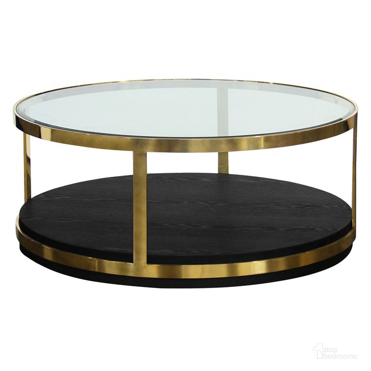 The appearance of Hattie Contemporary Coffee Table In Brushed Gold Finish and Black Wood designed by Armen Living in the modern / contemporary interior design. This brushed gold piece of furniture  was selected by 1StopBedrooms from Hattie Collection to add a touch of cosiness and style into your home. Sku: LCHTCOBL. Material: Steel. Product Type: Coffee Table. Image1