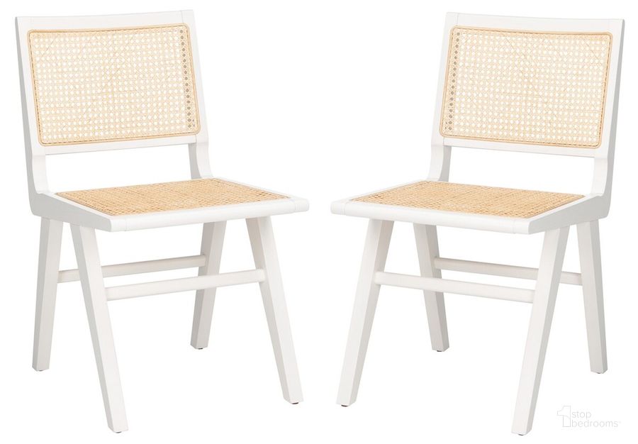 The appearance of Hattie French Cane Dining Chair Set of 2 In White And Natural designed by Safavieh Couture in the modern / contemporary interior design. This white and natural piece of furniture  was selected by 1StopBedrooms from Hattie Collection to add a touch of cosiness and style into your home. Sku: SFV4101C-SET2. Material: Wood. Product Type: Dining Chair. Image1