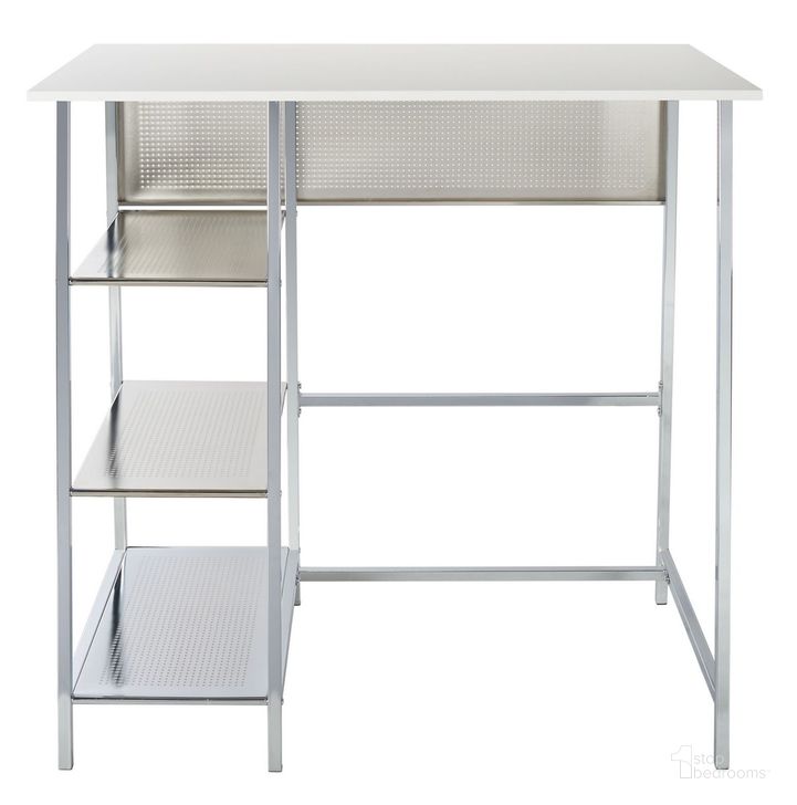 The appearance of Hayden 3 Shelf Standing Desk in White and Chrome designed by Safavieh in the modern / contemporary interior design. This white and chrome piece of furniture  was selected by 1StopBedrooms from Hayden Collection to add a touch of cosiness and style into your home. Sku: DSK2210A. Material: Wood. Product Type: Desk. Image1
