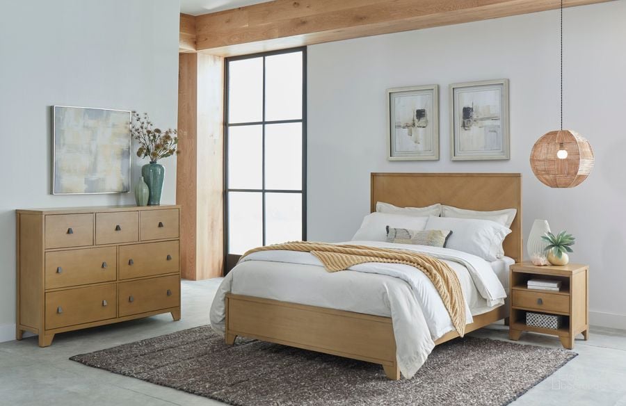 The appearance of Hayden Blonde Panel Bedroom Set designed by Progressive Furniture in the transitional interior design. This gold piece of furniture  was selected by 1StopBedrooms from Hayden Collection to add a touch of cosiness and style into your home. Sku: B115-36;B115-78;B115-43. Product Type: Bedroom Set. Bed Size: Queen. Material: Rubberwood. Image1