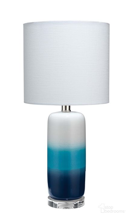 The appearance of Haze Table Lamp in Blue Ombre Ceramic with Drum Shade in White Linen designed by Jamie Young Company in the coastal interior design. This blue piece of furniture  was selected by 1StopBedrooms from Haze Collection to add a touch of cosiness and style into your home. Sku: LS9HAZEBLUE. Material: Ceramic. Product Type: Table Lamp. Image1
