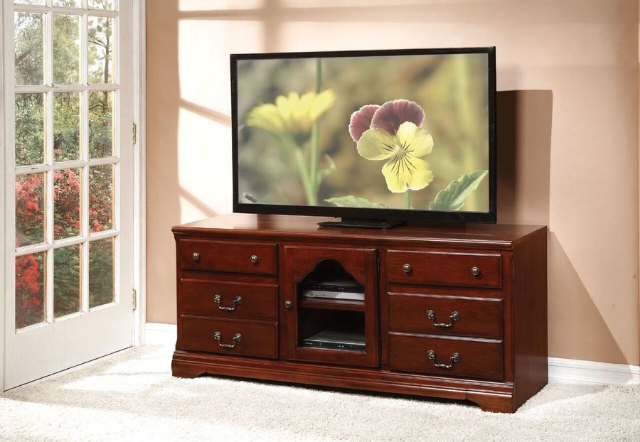 The appearance of Hercules TV Stand In Cherry designed by ACME in the transitional interior design. This cherry piece of furniture  was selected by 1StopBedrooms from Hercules Collection to add a touch of cosiness and style into your home. Sku: 91113. Material: Wood. Product Type: TV Stand.