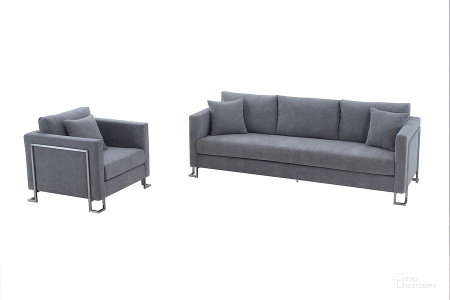 The appearance of Heritage 2-Piece Gray Fabric Upholstered Sofa and Chair Set designed by Armen Living in the modern / contemporary interior design. This gray piece of furniture  was selected by 1StopBedrooms from Heritage Collection to add a touch of cosiness and style into your home. Sku: LCHT3GREY;LCHT1GREY. Material: Fabric. Product Type: Living Room Set. Image1