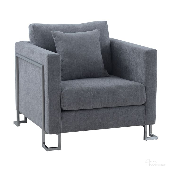 The appearance of Heritage Gray Fabric Upholstered Accent Chair with Brushed Stainless Steel Legs designed by Armen Living in the modern / contemporary interior design. This gray piece of furniture  was selected by 1StopBedrooms from Heritage Collection to add a touch of cosiness and style into your home. Sku: LCHT1GREY. Material: Fabric. Product Type: Sofa Chair. Image1