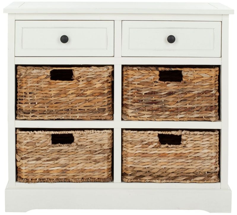 The appearance of Herman Distressed Cream Storage Unit with Wicker Baskets designed by Safavieh in the country / farmhouse interior design. This vintage distressed cream piece of furniture  was selected by 1StopBedrooms from Herman Collection to add a touch of cosiness and style into your home. Sku: AMH5702C. Material: Aluminum. Product Type: Storage Unit. Image1