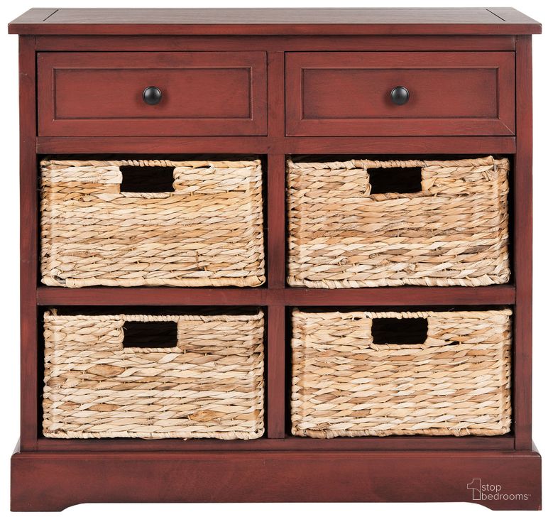 The appearance of Herman Red Storage Unit with Wicker Baskets designed by Safavieh in the coastal interior design. This red piece of furniture  was selected by 1StopBedrooms from Herman Collection to add a touch of cosiness and style into your home. Sku: AMH5702E. Material: Aluminum. Product Type: Storage Unit. Image1