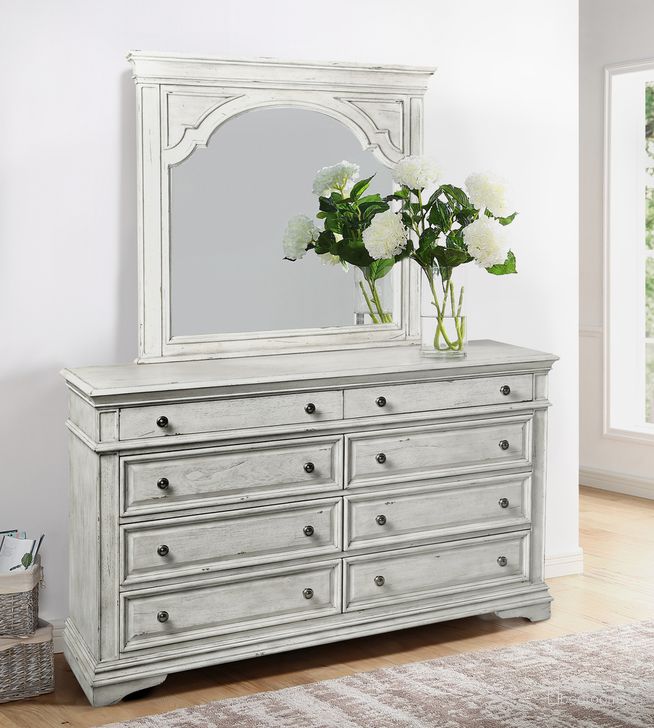 The appearance of Highland Park Rustic Ivory Dresser And Mirror designed by Steve Silver in the country / farmhouse interior design. This ivory piece of furniture  was selected by 1StopBedrooms from Highland Park Collection to add a touch of cosiness and style into your home. Sku: HP900DRW;HP900MRW. Material: Wood. Product Type: Dresser and Mirror. Image1