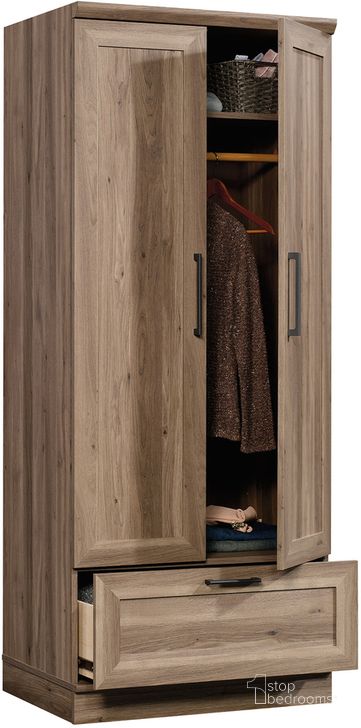 The appearance of Homeplus Storage Cabinet Wardrobe In Salt Oak designed by Sauder in the transitional interior design. This salt oak piece of furniture  was selected by 1StopBedrooms from HomePlus Collection to add a touch of cosiness and style into your home. Sku: 423007. Product Type: Wardrobe. Material: Engineered Wood. Image1