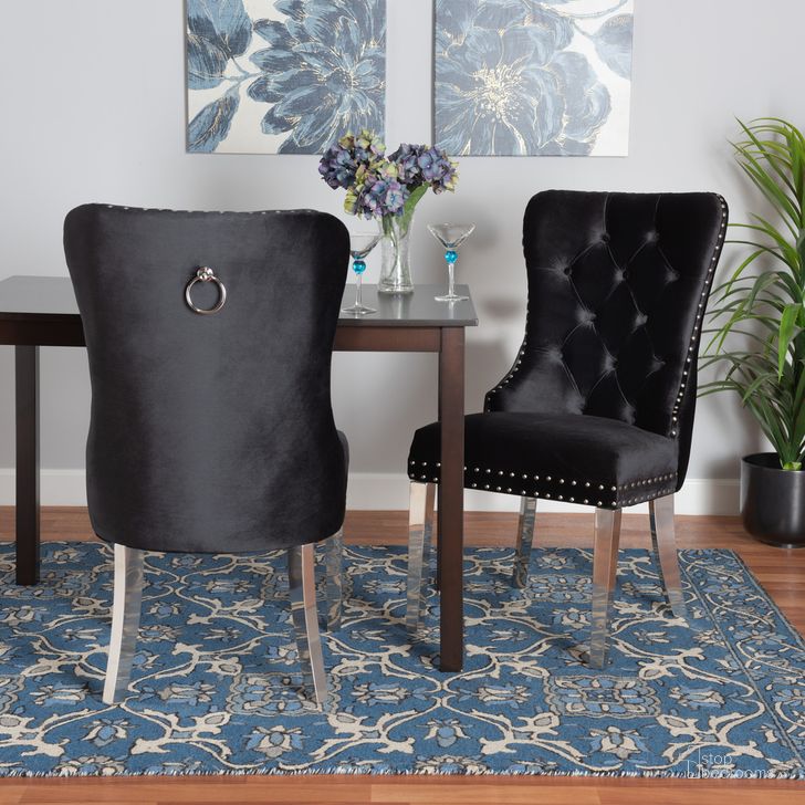 The appearance of Honora Contemporary Glam and Luxe Black Velvet Fabric and Silver Metal 2-Piece Dining Chair Set designed by Baxton Studio in the glam interior design. This silver and black piece of furniture  was selected by 1StopBedrooms from Honora Collection to add a touch of cosiness and style into your home. Sku: F459-Black Velvet-DC. Material: Wood. Product Type: Dining Chair. Image1
