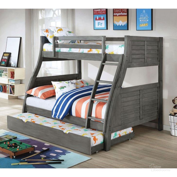 The appearance of Hoople Twin Over Full Bunk Bed In Gray designed by Furniture of America in the transitional interior design. This gray piece of furniture  was selected by 1StopBedrooms from Hoople Collection to add a touch of cosiness and style into your home. Sku: CM-BK963GY-1;CM-BK963GY-2;CM-BK963GY-3. Bed Type: Bunk Bed. Material: Wood. Product Type: Bunk Bed. Bed Size: Twin Over Full.
