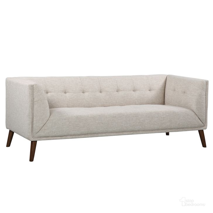 The appearance of Hudson Mid-Century Button-Tufted Sofa In Beige Linen and Walnut Legs designed by Armen Living in the transitional interior design. This beige piece of furniture  was selected by 1StopBedrooms from Hudson Collection to add a touch of cosiness and style into your home. Sku: LCHU3BE. Material: Wood. Product Type: Sofa. Image1