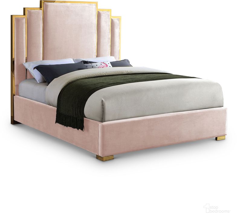 The appearance of Hugo Velvet King Bed In Pink designed by Meridian in the modern / contemporary interior design. This pink velvet piece of furniture  was selected by 1StopBedrooms from Hugo Collection to add a touch of cosiness and style into your home. Sku: HugoPink-K-1;HugoPink-K-2. Bed Type: Platform Bed. Material: Wood. Product Type: Platform Bed. Bed Size: King. Image1