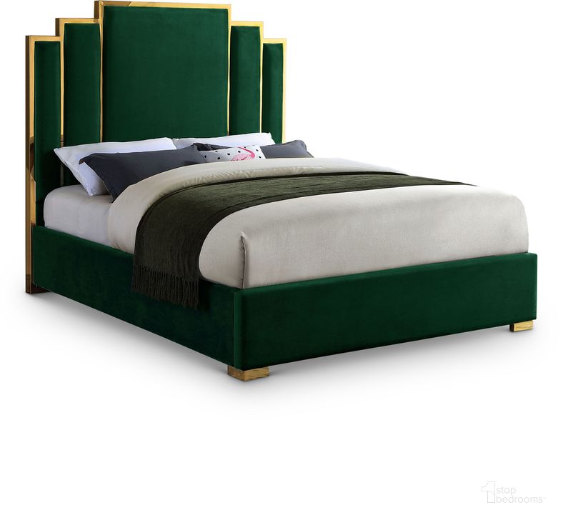 The appearance of Hugo Velvet Queen Bed In Green designed by Meridian in the modern / contemporary interior design. This green velvet piece of furniture  was selected by 1StopBedrooms from Hugo Collection to add a touch of cosiness and style into your home. Sku: HugoGreen-Q-1;HugoGreen-Q-2. Bed Type: Platform Bed. Material: Wood. Product Type: Platform Bed. Bed Size: Queen. Image1