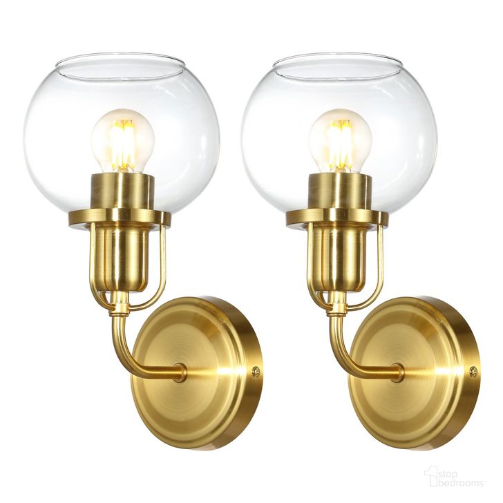 The appearance of Huron Wall Sconce Set of 2 in Brass SCN4085A-SET2 designed by Safavieh in the transitional interior design. This clear glass piece of furniture  was selected by 1StopBedrooms from Huron Collection to add a touch of cosiness and style into your home. Sku: SCN4085A-SET2. Material: Metal. Product Type: Wall Sconce. Image1