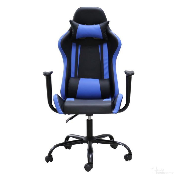 The appearance of Infinity Fisher Faux Leather Massage Height Adjustable Office Gaming Chair In Black and Blue designed by Primo International in the modern / contemporary interior design. This black and blue piece of furniture  was selected by 1StopBedrooms from Infinity Collection to add a touch of cosiness and style into your home. Sku: 51857. Material: Wood. Product Type: Office Chair. Image1