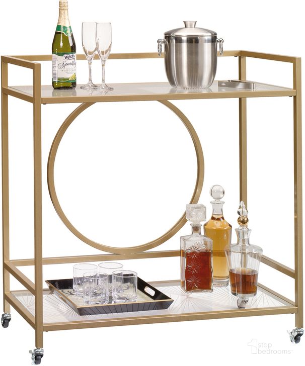 The appearance of International Lux Bar Cart In Satin Gold designed by Sauder in the transitional interior design. This satin gold piece of furniture  was selected by 1StopBedrooms from International Lux Collection to add a touch of cosiness and style into your home. Sku: 417828. Material: Metal. Product Type: Bar Cart. Image1