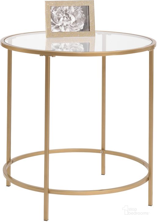 The appearance of International Lux Round Side Table In Satin Gold designed by Sauder in the transitional interior design. This satin gold piece of furniture  was selected by 1StopBedrooms from International Lux Collection to add a touch of cosiness and style into your home. Sku: 417829. Material: Metal. Product Type: Side Table. Image1