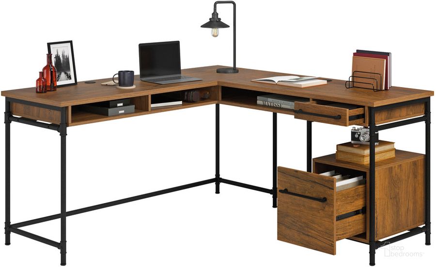 The appearance of Iron City L-Shaped Desk In Checked Oak designed by Sauder in the country / farmhouse interior design. This checked oak piece of furniture  was selected by 1StopBedrooms from Iron City Collection to add a touch of cosiness and style into your home. Sku: 431210. Product Type: Desk. Material: Engineered Wood. Image1