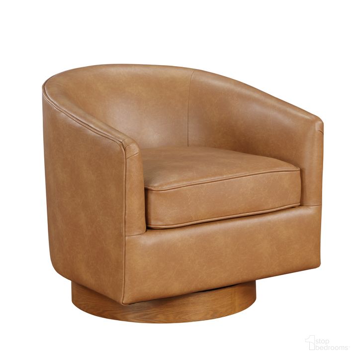 The appearance of Irving Faux Leather Wood Base Barrel Swivel Chair In Saddle designed by Comfort Pointe in the modern / contemporary interior design. This saddle piece of furniture  was selected by 1StopBedrooms from Irving Collection to add a touch of cosiness and style into your home. Sku: 8075-56. Material: Wood. Product Type: Swivel Chair. Image1