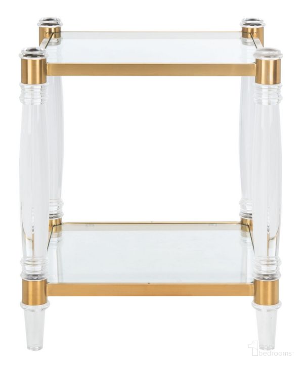The appearance of Isabelle Acrylic Accent Table In Brass designed by Safavieh Couture in the modern / contemporary interior design. This brass piece of furniture  was selected by 1StopBedrooms from Isabelle Collection to add a touch of cosiness and style into your home. Sku: SFV2546A. Product Type: Accent Table. Material: Stainless Steel. Image1