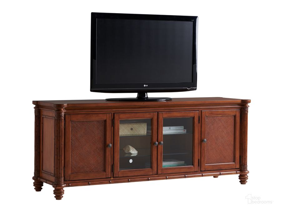 The appearance of Island Estate Plantation Brown Blake Island Entertainment Console designed by Tommy Bahama in the traditional interior design. This brown piece of furniture  was selected by 1StopBedrooms from Island Estate Collection to add a touch of cosiness and style into your home. Sku: 01-0531-908. Material: Rattan. Product Type: TV Stands and TV Console. Image1