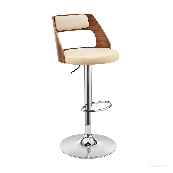 The appearance of Itzan Adjustable Swivel Cream Faux Leather and Walnut Wood Bar Stool with Chrome Base designed by Armen Living in the transitional interior design. This cream piece of furniture  was selected by 1StopBedrooms from Itzan Collection to add a touch of cosiness and style into your home. Sku: LCITBAWACR. Product Type: Barstool. Material: Poplar. Image1