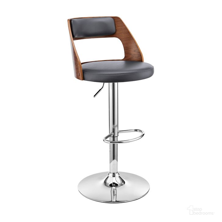 The appearance of Itzan Adjustable Swivel Gray Faux Leather and Walnut Wood Bar Stool with Chrome Base designed by Armen Living in the transitional interior design. This gray piece of furniture  was selected by 1StopBedrooms from Itzan Collection to add a touch of cosiness and style into your home. Sku: LCITBAWAGR. Product Type: Barstool. Material: Poplar. Image1