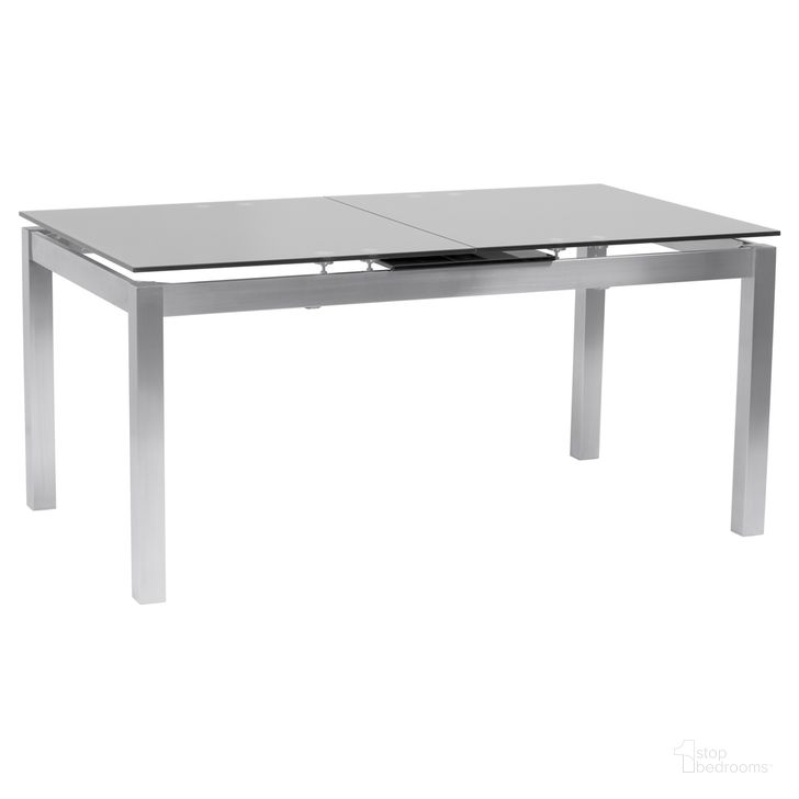 The appearance of Ivan Extension Dining Table In Brushed Stainless Steel and Gray Tempered Glass Top designed by Armen Living in the modern / contemporary interior design. This stainless steel piece of furniture  was selected by 1StopBedrooms from Ivan Collection to add a touch of cosiness and style into your home. Sku: LCIVDIGG. Table Base Style: Legs. Product Type: Dining Table. Table Top Shape: Rectangular. Material: Stainless Steel. Size: 79". Image1